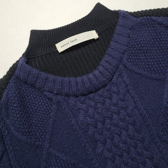 Sacai Luck Women Sz 3 Large 100 Wool Cable Knit Navy Sweater Black Back 2-tone - Picture 5 of 12